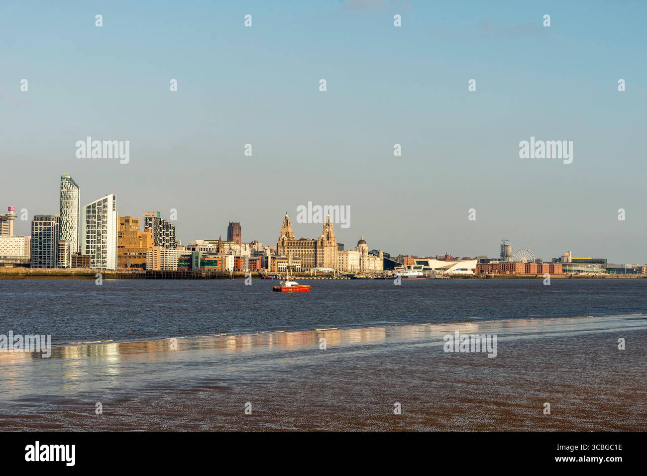 Skyline diurno di Liverpool con il Royal Liver Building e moderni grattacieli che si affacciano sul fiume Mersey. Foto Stock