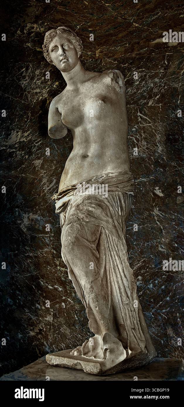 Venere di Milo Greco 130 a.C. Afrodite di Milo dea greca dell'amore e della bellezza, Isola di Melos, Cicladi, Grecia (altezza - 202 cm) Museo del Louvre Parigi Francia Foto Stock