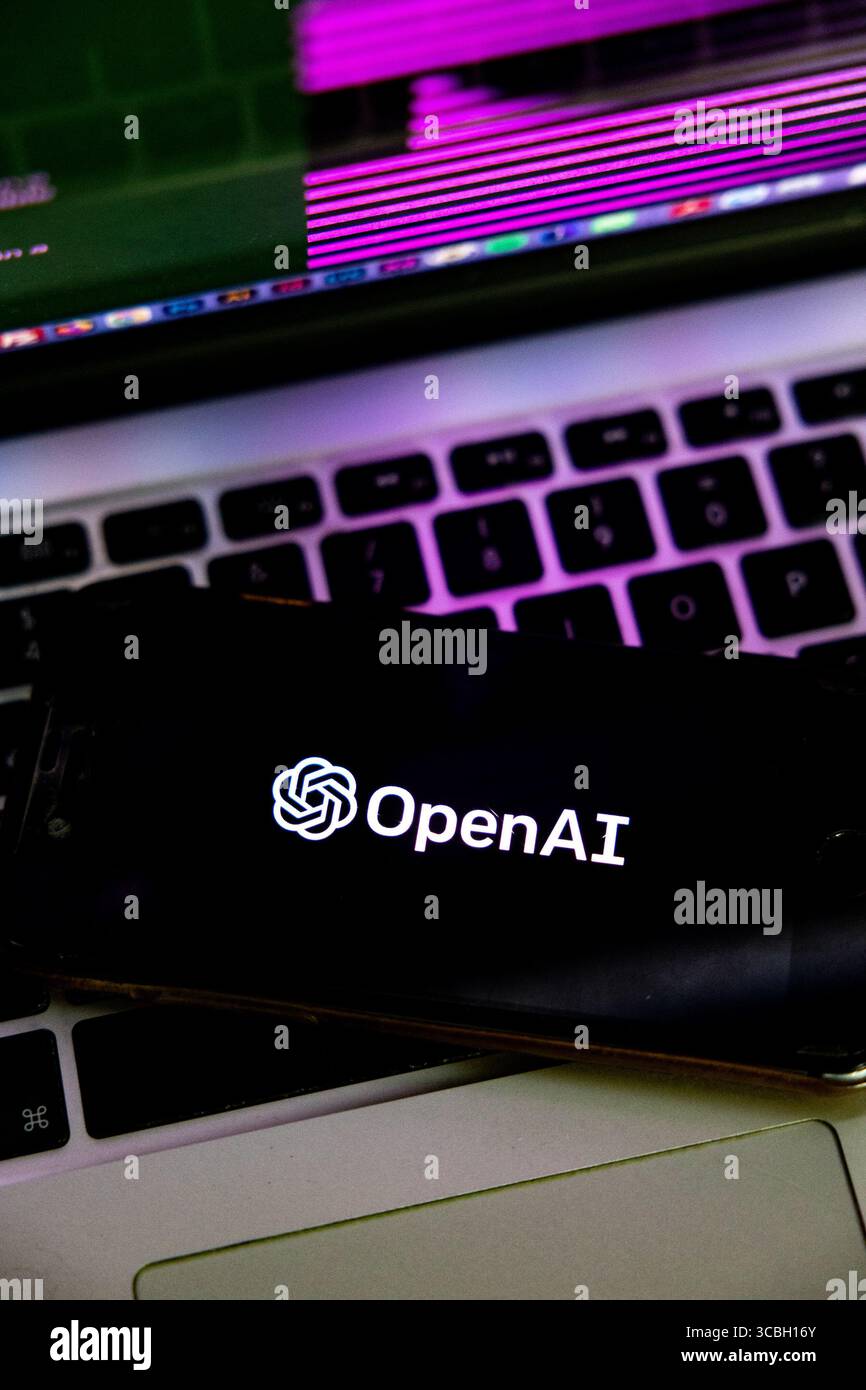 Il logo OpenAI visualizzato sullo schermo di un telefono cellulare è visto in questa foto di illustrazione scattata a Milano il 21 2023 febbraio Foto Stock