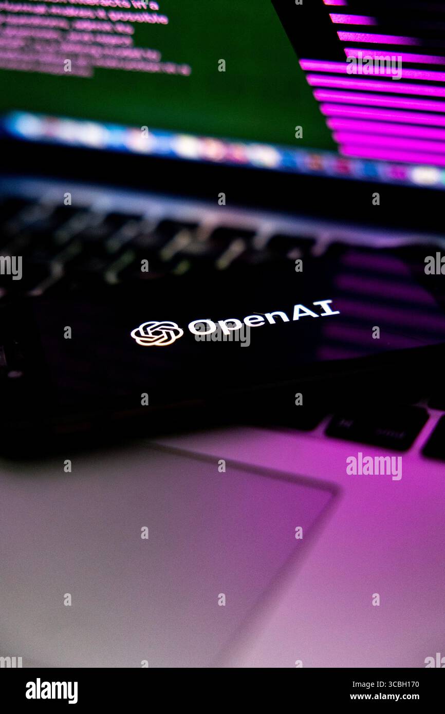 Il logo OpenAI visualizzato sullo schermo di un telefono cellulare è visto in questa foto di illustrazione scattata a Milano il 21 2023 febbraio Foto Stock