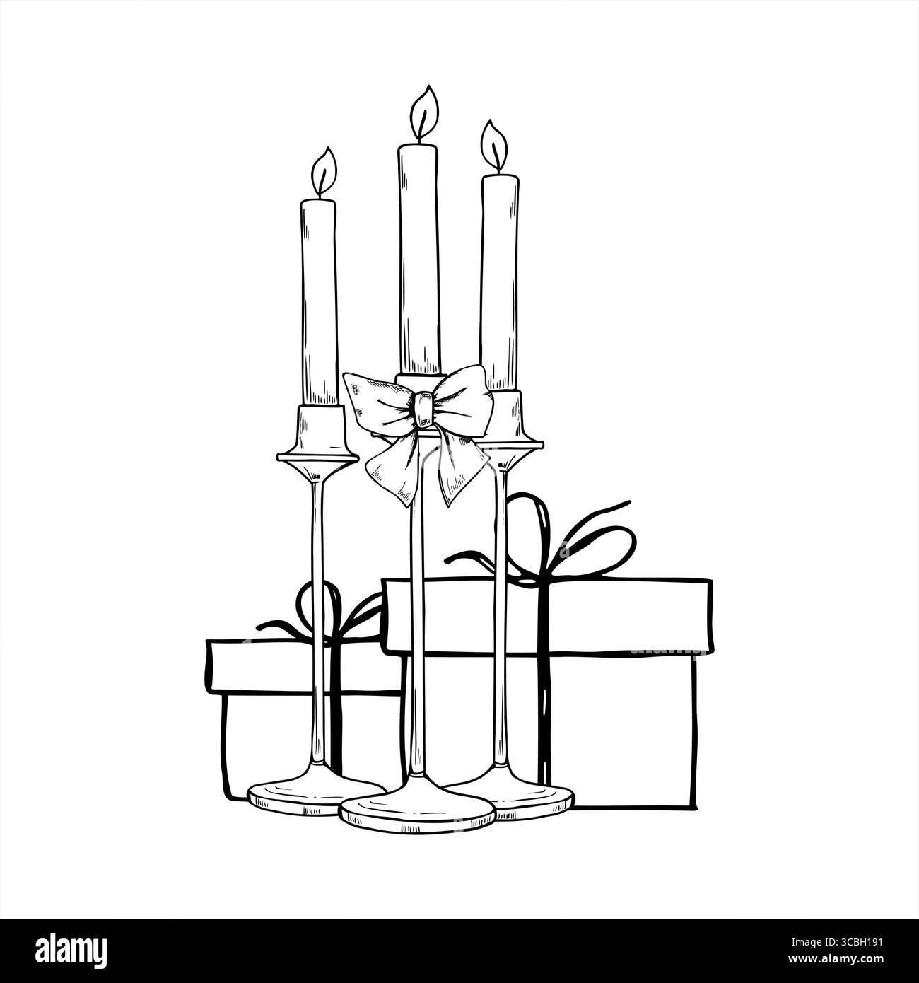 Illustrazione vettoriale di tre candele strette bruciate in supporti alti con scatole regalo. Composizione monocromatica natalizia in stile minimalista Illustrazione Vettoriale