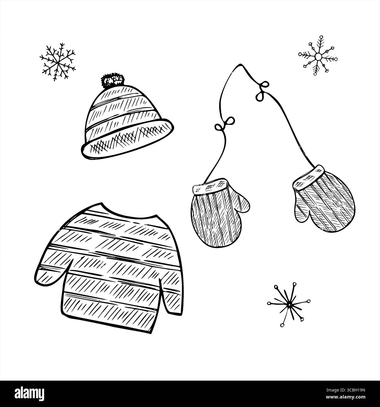 Set di maglieria invernale e fiocchi di neve illustrazione vettoriale monocromatica in bianco e nero. Un paio di guanti in maglia di lana, cappello con pompon e maglione a motivi geometrici Illustrazione Vettoriale