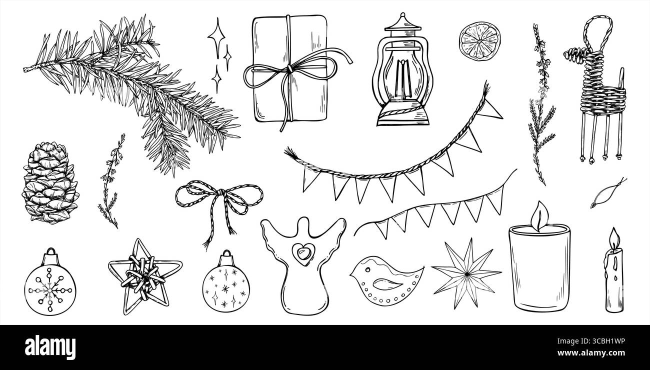 Set di decorazioni natalizie clip per illustrazioni vettoriali art. Ramo di pino, regali, garland bandiera, giocattoli in legno, candela, cono, heather, stella, clip art. lanterna. Illustrazione Vettoriale