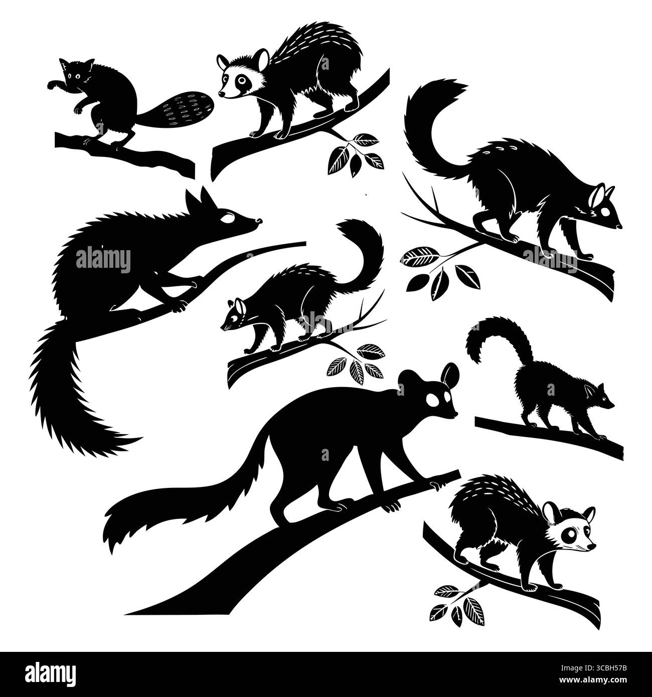 Sagome di animali notturni Aye-aye in Forest Settings on Tree Branches Illustrazione Vettoriale