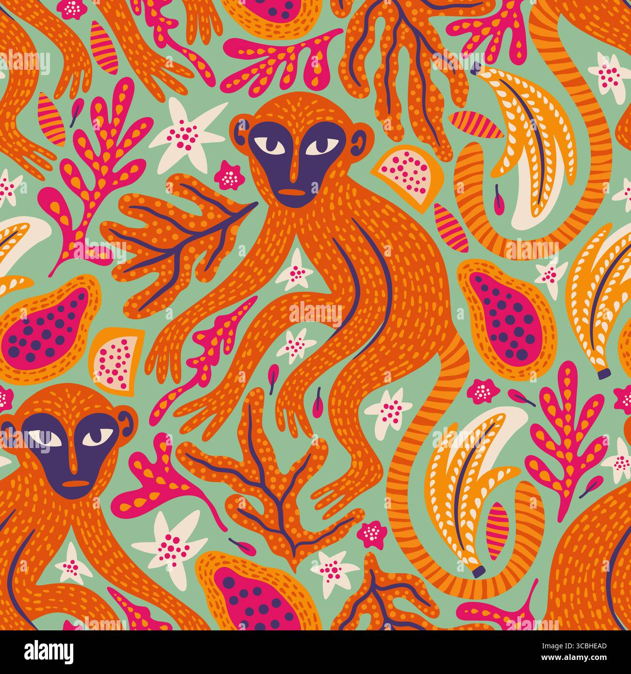 Scimmie stravaganti esotico Vintage Seamless Vector Jungle Pattern Tropical Animal sfondo botanico etnico Matisse Style Illustrazione Vettoriale