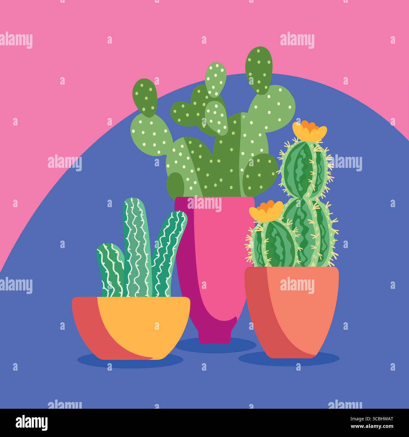 Illustrazione di cactus con vasi luminosi e vibrazioni del deserto. Forme morbide e sfondo giocoso dai colori vivaci. Illustrazione Vettoriale