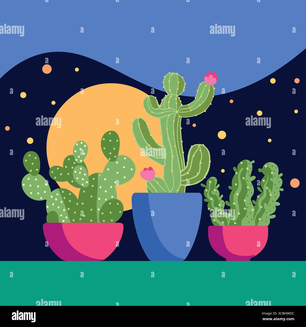 Illustrazione Cactus con luce lunare. I vasi luminosi contrastano con il cielo scuro e le piante del deserto. Illustrazione Vettoriale