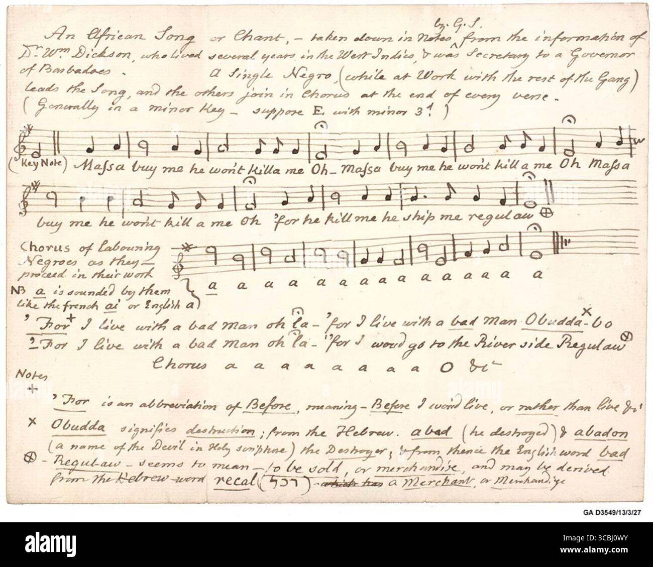 Circa 1772–1779 manoscritto intitolato An African Song or Chant from Barbados, trascritto da Granville Sharp sulla base del racconto del Dr. William Dickson. Presenta una notazione musicale e testi cantati da schiavi africani durante il lavoro, con note esplicative e contesto culturale. Foto Stock