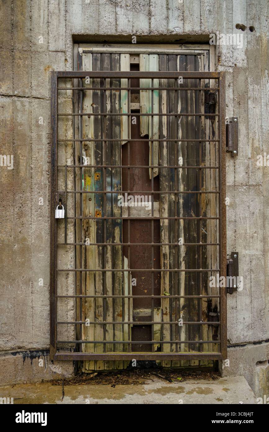 Porta a griglia in acciaio arrugginito con una vecchia porta di legno rotta dietro una parete di cemento Foto Stock