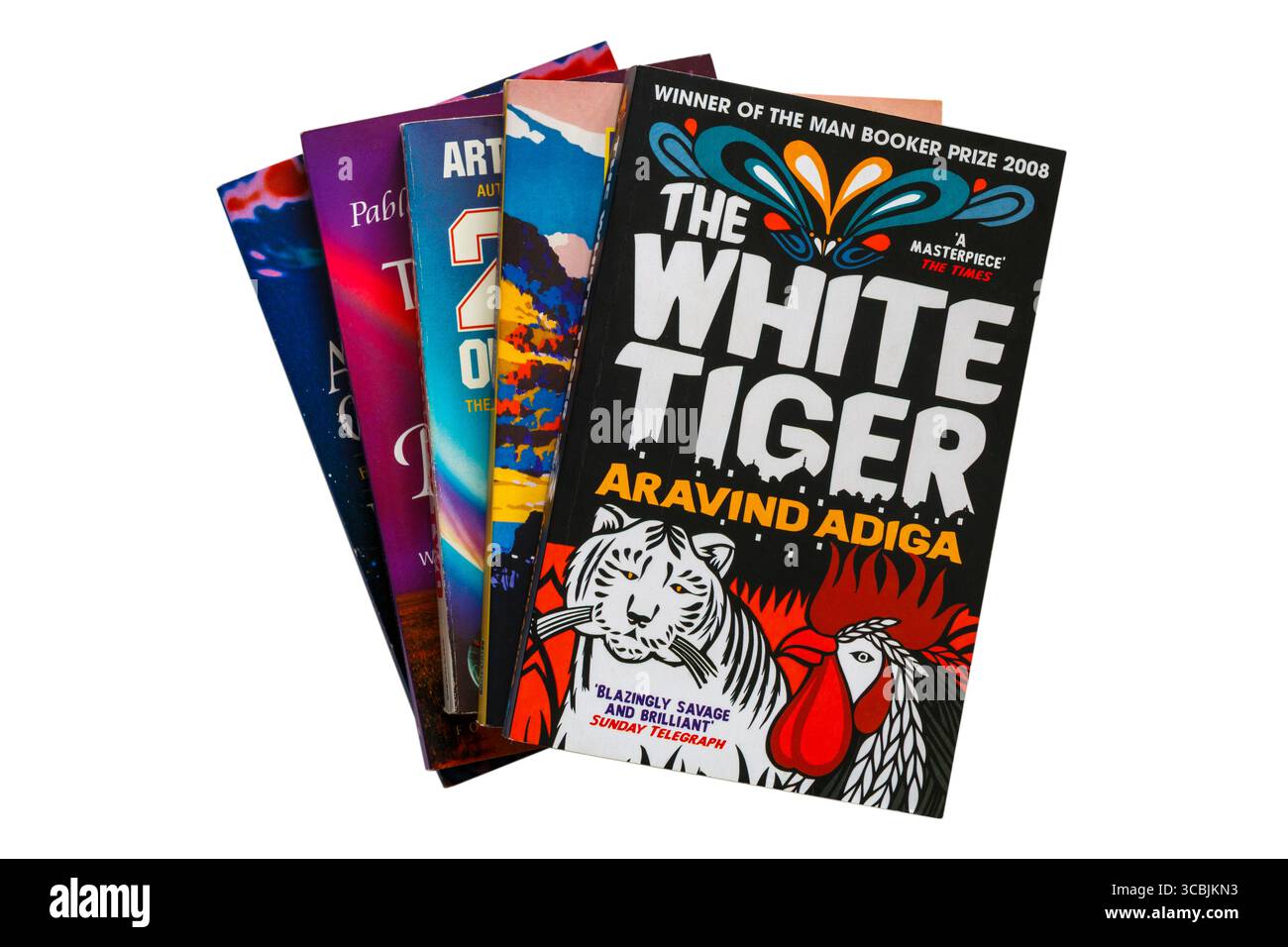 Selezione di libri con il libro White Tiger di Aravind Adiga in alto isolato su sfondo bianco Foto Stock