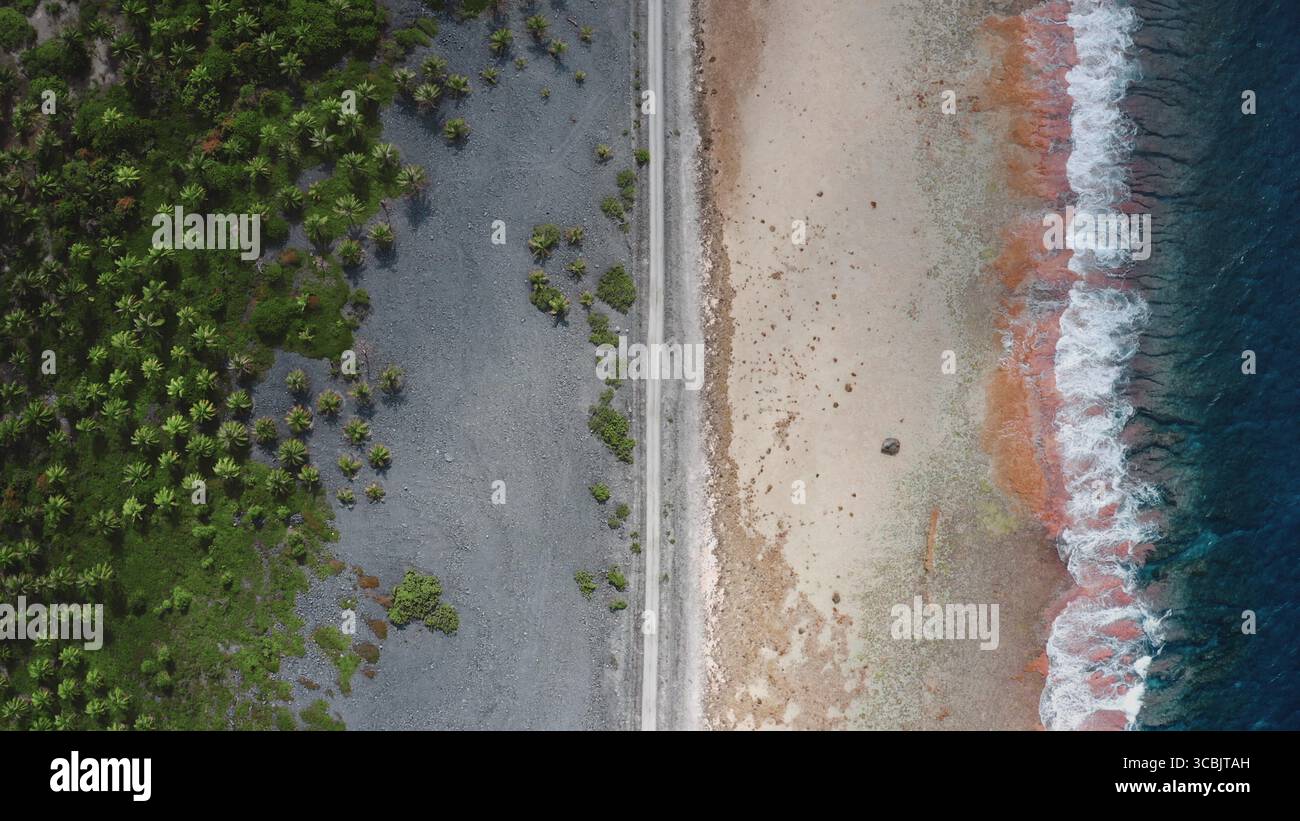 Polinesia francese, isola di Rangiroa: Vista aerea che cattura una sottile strada che separa la vegetazione lussureggiante di palme verdi dalla spiaggia sabbiosa e le onde dell'oceano che si infrangono. Volo del drone dall'alto verso il basso Foto Stock
