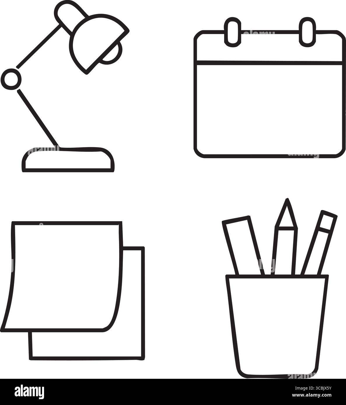 Quattro elementi essenziali per l'ufficio in un design semplice: Lampada da scrivania, calendario da parete, impilatura di appunti e una tazza di matite. Illustrazione Vettoriale