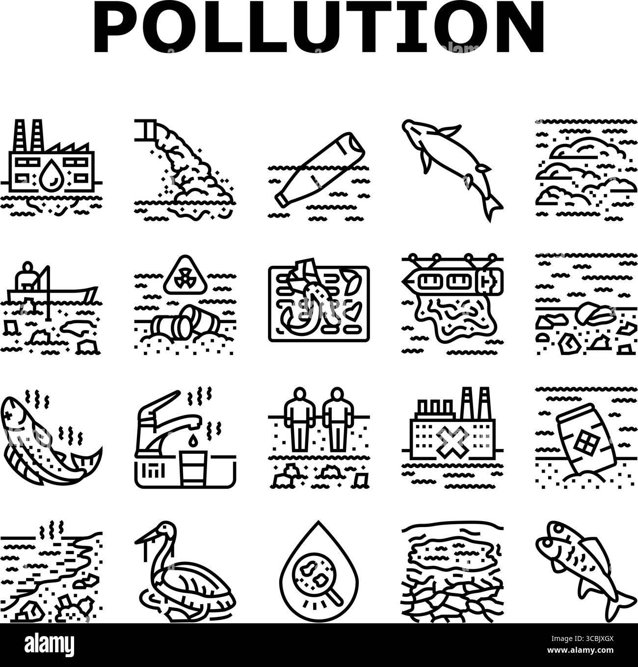 le icone di contaminazione dell'acqua impostano il vettore Illustrazione Vettoriale