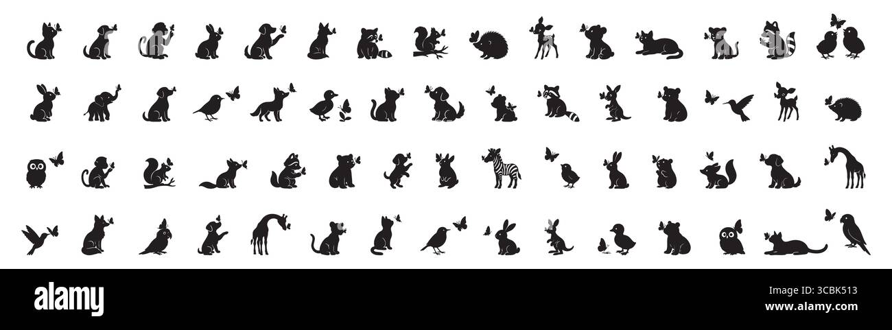 Silhouette nera composta da animali e uccelli carini con farfalle, isolata su sfondo bianco, illustrazione grafica. concetto di fauna selvatica, natura, animali domestici, Illustrazione Vettoriale