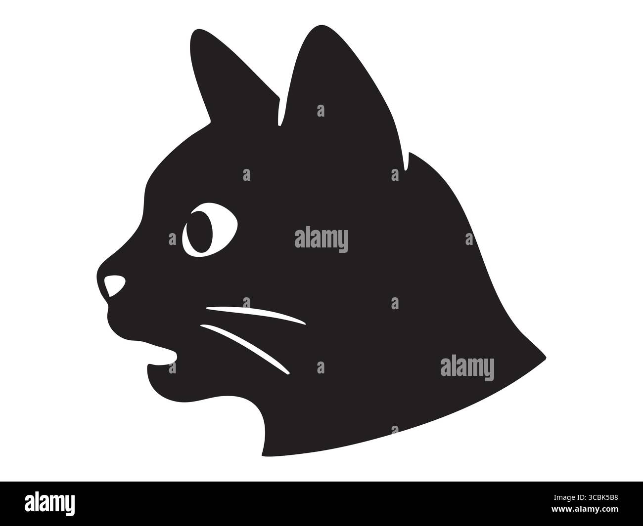 Silhouette nera del viso del gatto che mostra emozioni sorprese, isolata su sfondo bianco. concetto di animale domestico, espressione felina, gattino carino, umore, animale Illustrazione Vettoriale