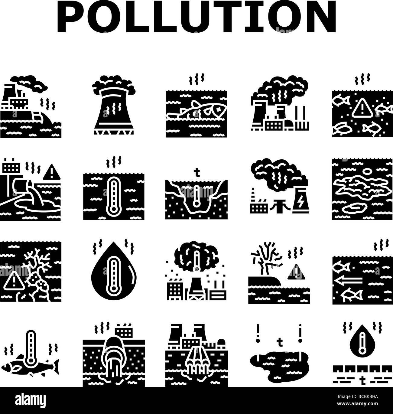 le icone dell'ecosistema dell'inquinamento termico impostano il vettore Illustrazione Vettoriale