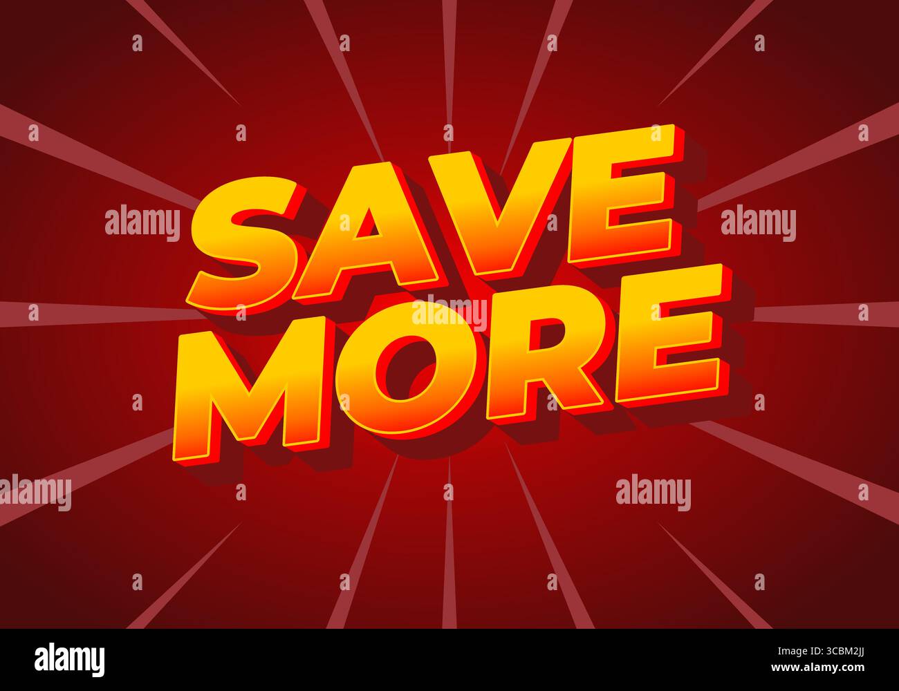Una grafica vivace e audace con testo che CONSENTE DI RISPARMIARE DI PIÙ in lettere grandi e tridimensionali. Lo sfondo è rosso dinamico con linee radianti, cre Illustrazione Vettoriale