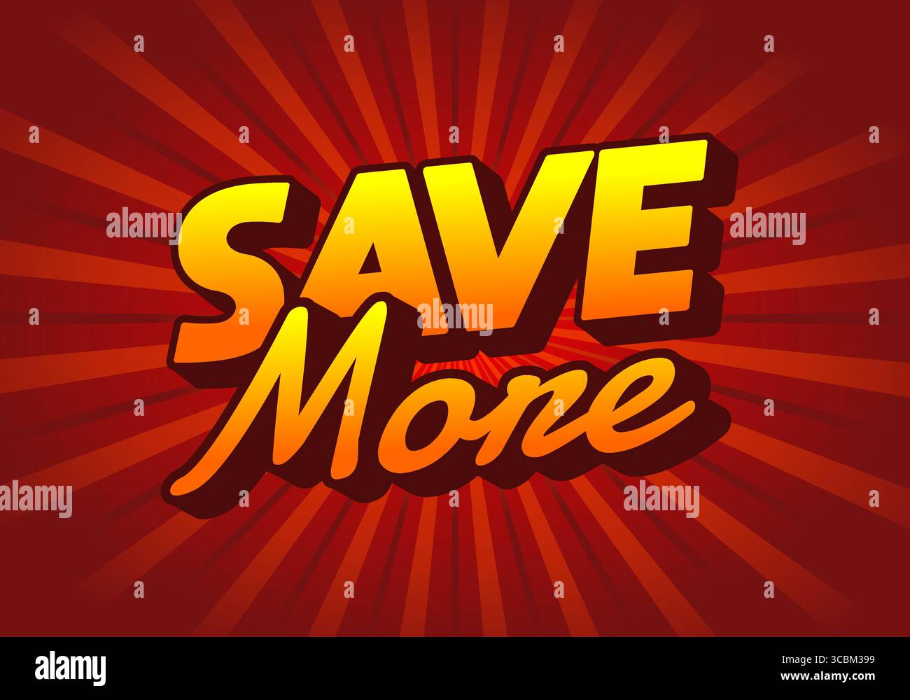 Un design grafico vibrante con le parole RISPARMIANO di più in un'audace tipografia stilizzata. Lo sfondo presenta un motivo a raffica radiale con colori caldi, creatina Illustrazione Vettoriale