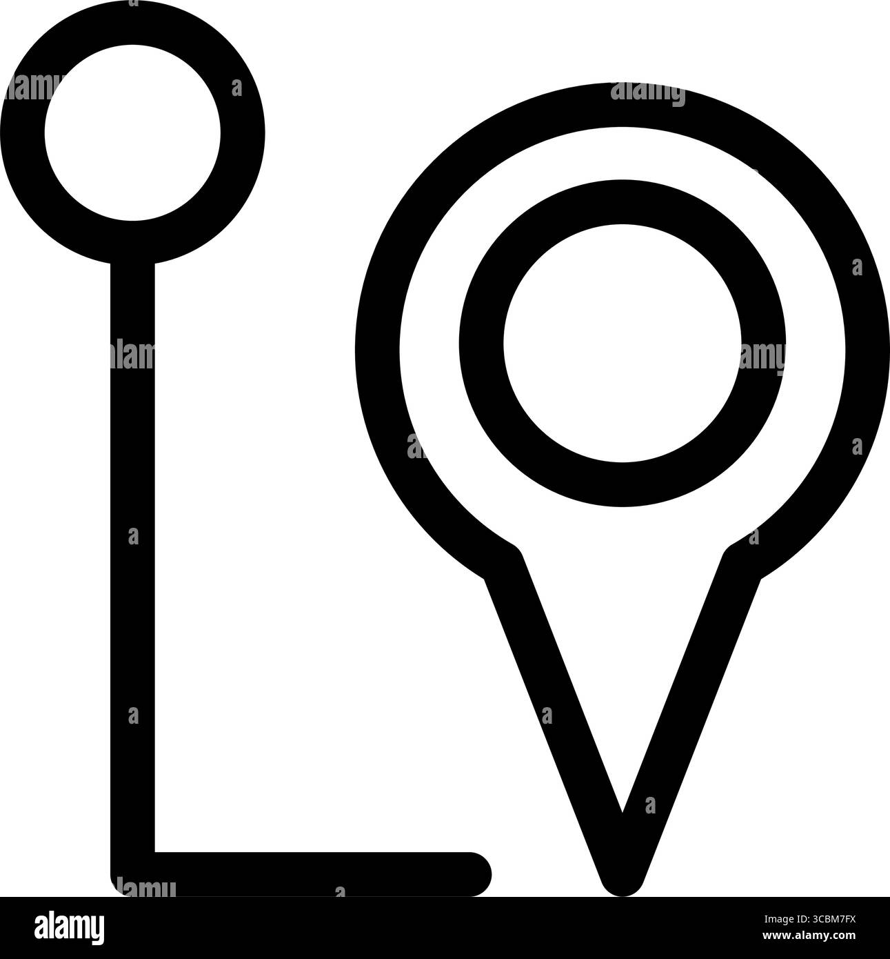 Icona con contorno nero che raffigura un punto di partenza e un marcatore di destinazione collegati da un percorso, simboleggiando la navigazione o il viaggio. Illustrazione Vettoriale