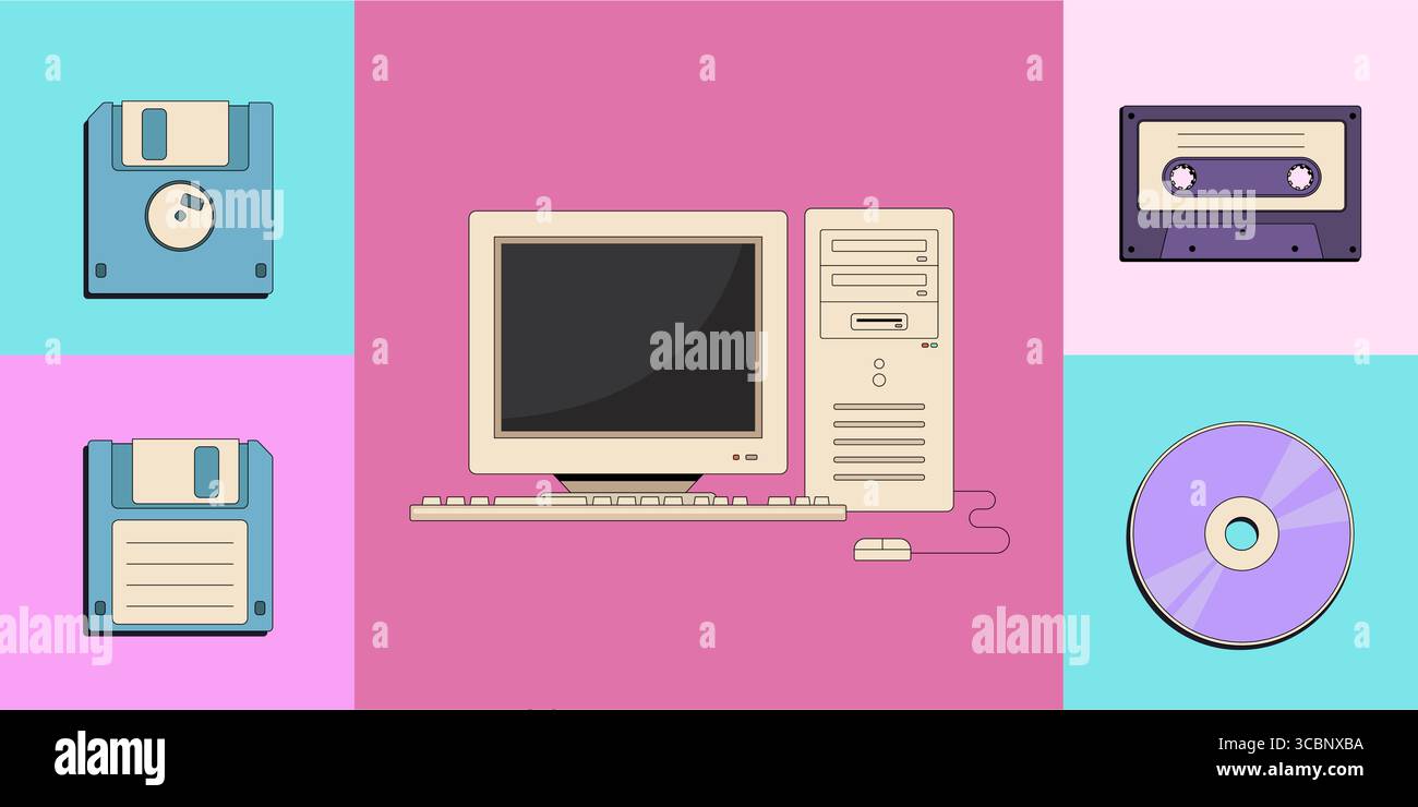 Agli anni '90 Set vettoriale piatto di pc vecchio, videocassetta vintage, floppy disk retrò, videoregistratore a nastro e compact disc. Nostalgia per il 199 Illustrazione Vettoriale