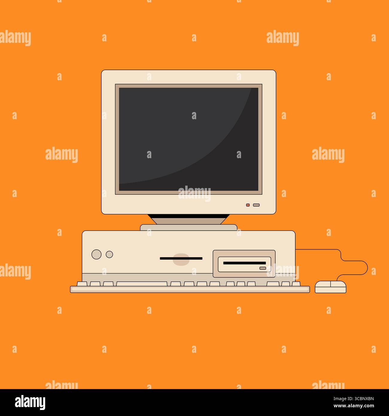 Vecchio PC con tastiera monitor e mouse in stile piatto. Computer retrò. Nostalgia per gli anni '1990 Illustrazione Vettoriale