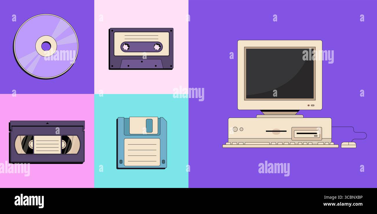 Agli anni '90 Set piatto vettoriale vecchio stile di un vecchio pc, videocassetta vintage, floppy disk retrò, cassetta registratore a nastro e compact disc. No Illustrazione Vettoriale