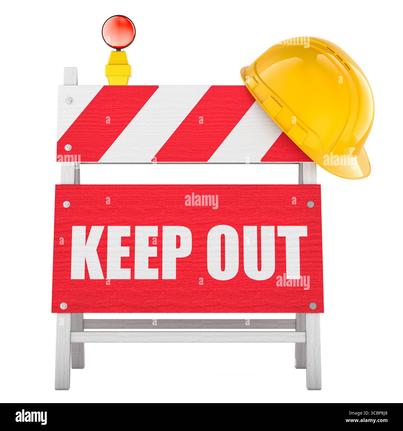 Tenere fuori, barriera stradale con elmetto. Rendering 3D isolato su sfondo bianco Foto Stock