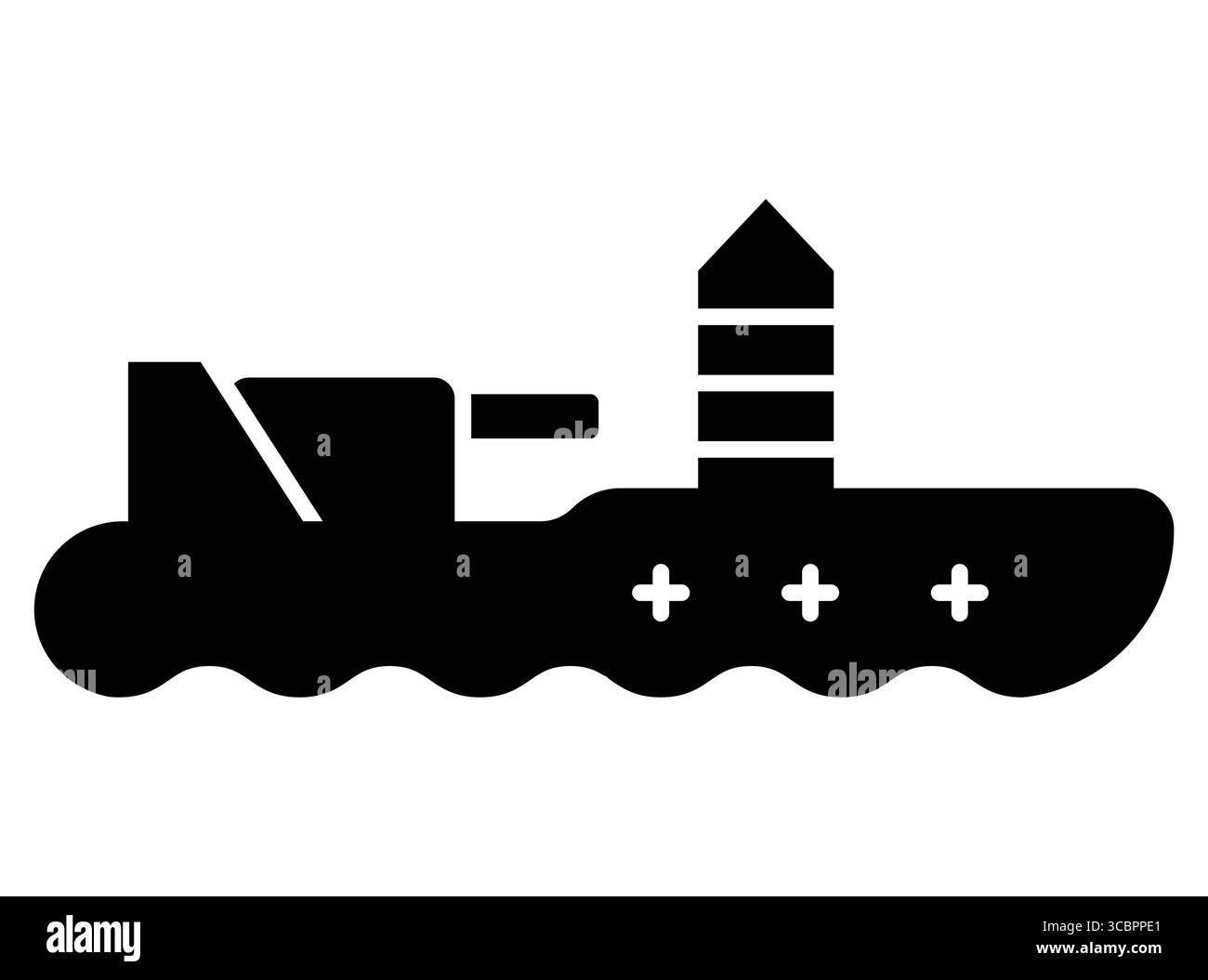 La silhouette nera di un rimorchiatore galleggia sull'acqua, mostrando gli elementi essenziali del design del trasporto e dell'industria marina. Illustrazione Vettoriale