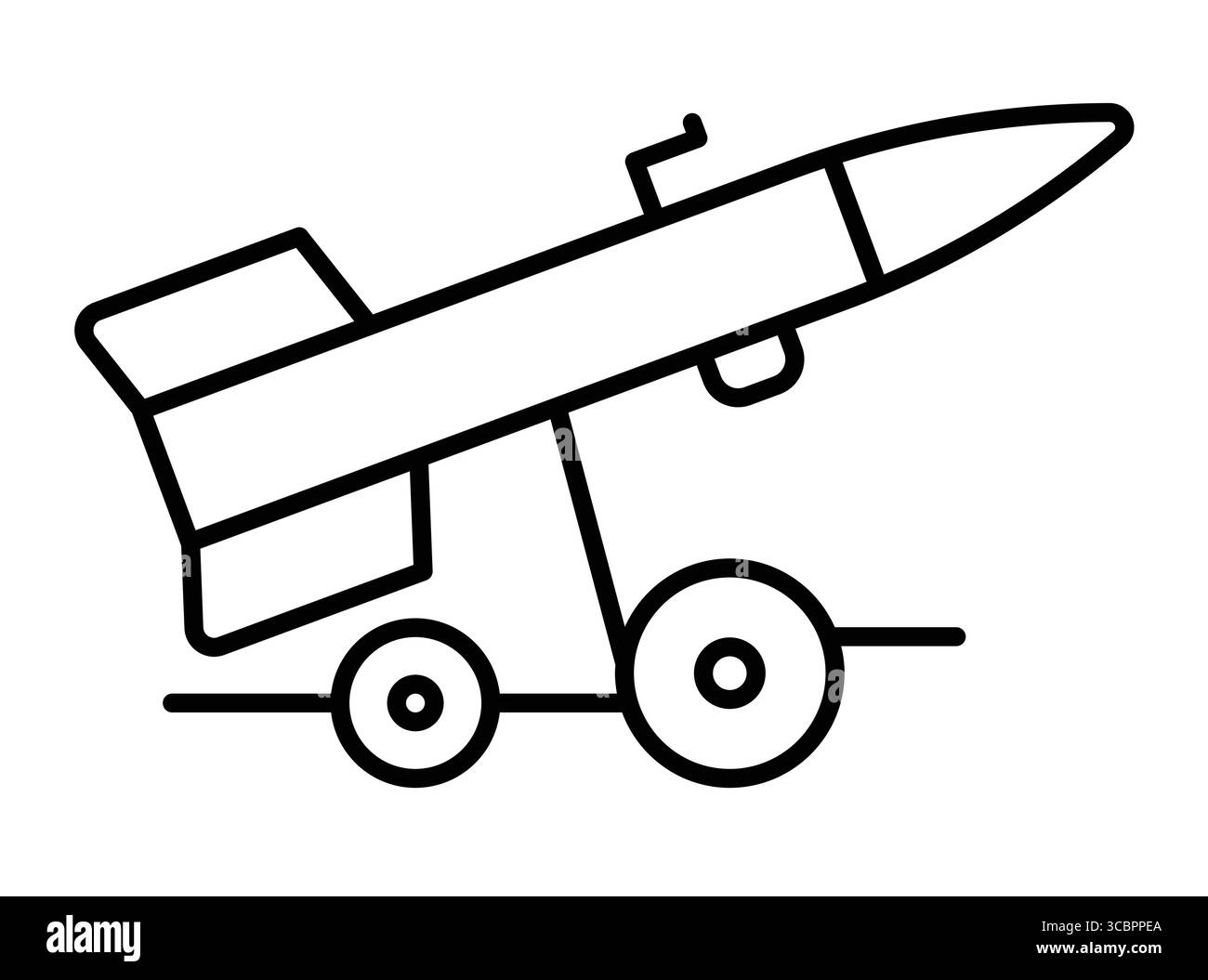 Disegno minimalista di un missile montato su un carrello di lancio, adatto a vari scopi illustrativi legati alla tecnologia militare e all'aerospa Illustrazione Vettoriale