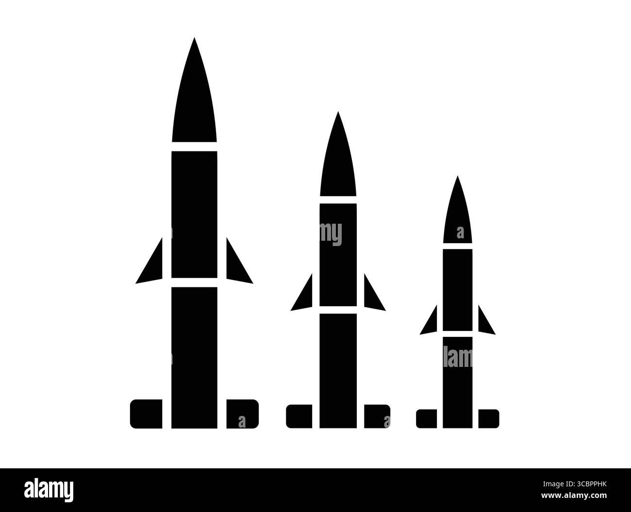 Questa immagine presenta silhouette nere di tre missili di varie dimensioni su uno sfondo bianco, che rappresentano la tecnologia militare e la difesa Illustrazione Vettoriale