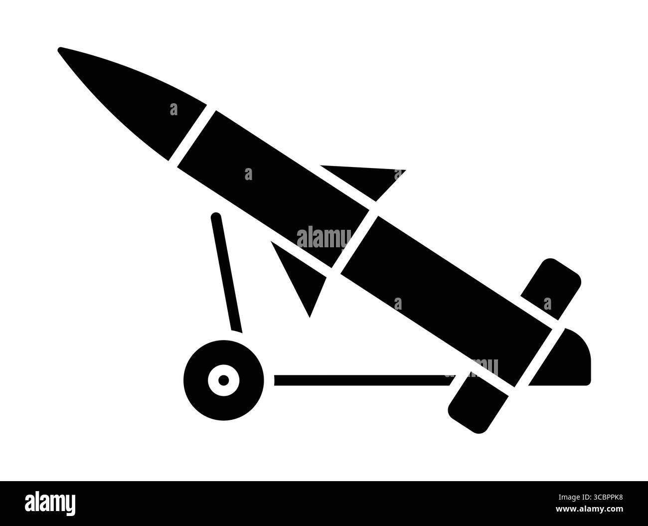 Questa icona in bianco e nero rappresenta un missile su una rampa di lancio con ruote, che mostra tecnologia e strategia militare. Ideale per varie esigenze di progettazione Illustrazione Vettoriale