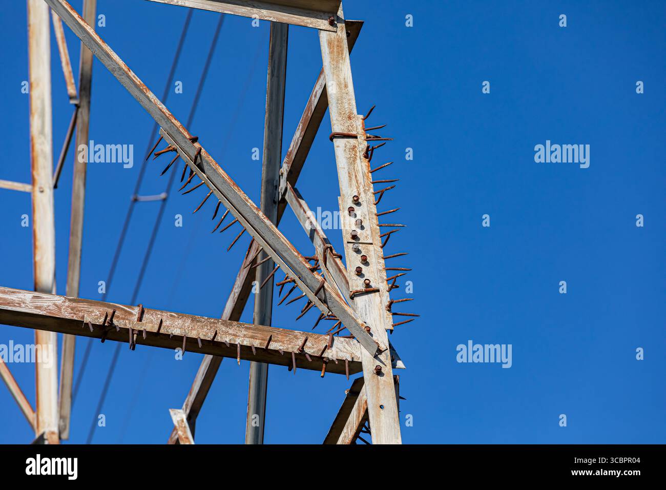 Picchi anti-salita sulla torre elettrica. Concetto di sicurezza delle infrastrutture energetiche, sicurezza e prevenzione delle arrampicate. Foto Stock