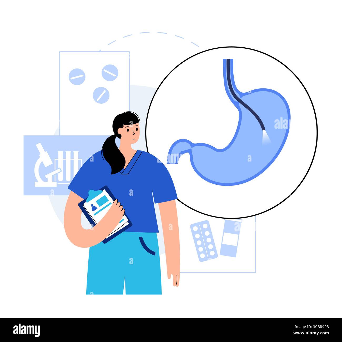 Illustrazione di una gastroscopia, nota anche come endoscopia superiore. Si tratta di una procedura in cui un endoscopio viene inserito attraverso la bocca per esaminare l'esofago, lo stomaco e il duodeno. Aiuta a diagnosticare e trattare condizioni come ulcere, infiammazione o tumori nel tratto digestivo superiore. Foto Stock