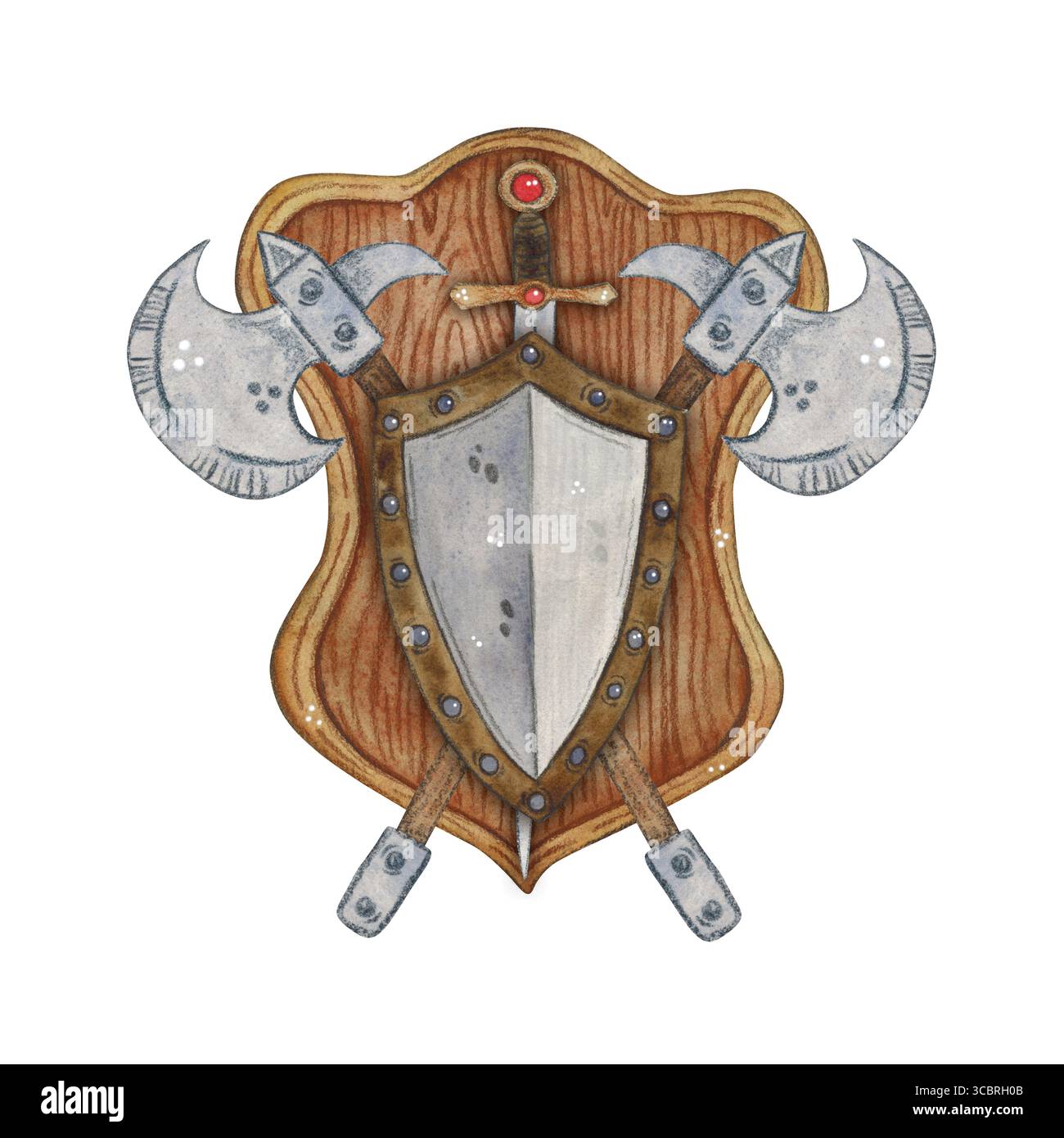 Composizione con scudo cavaliere, asce, spada e incubatoi. Immagine disegnata a mano, cartone animato. Disegno per stampa, poster, scrapbooking. Medioevo, cavaliere Foto Stock