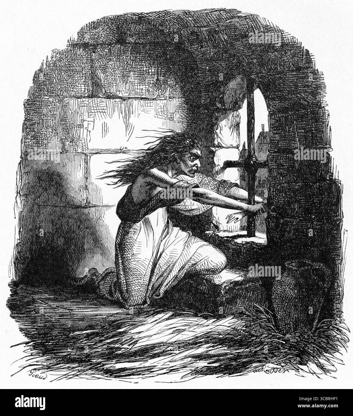 Illustrazione di una donna disperata rinchiusa in una cella carceraria, da una prima edizione francese del libro di Victor Hugo il gobbo di Notre Dame, Foto Stock