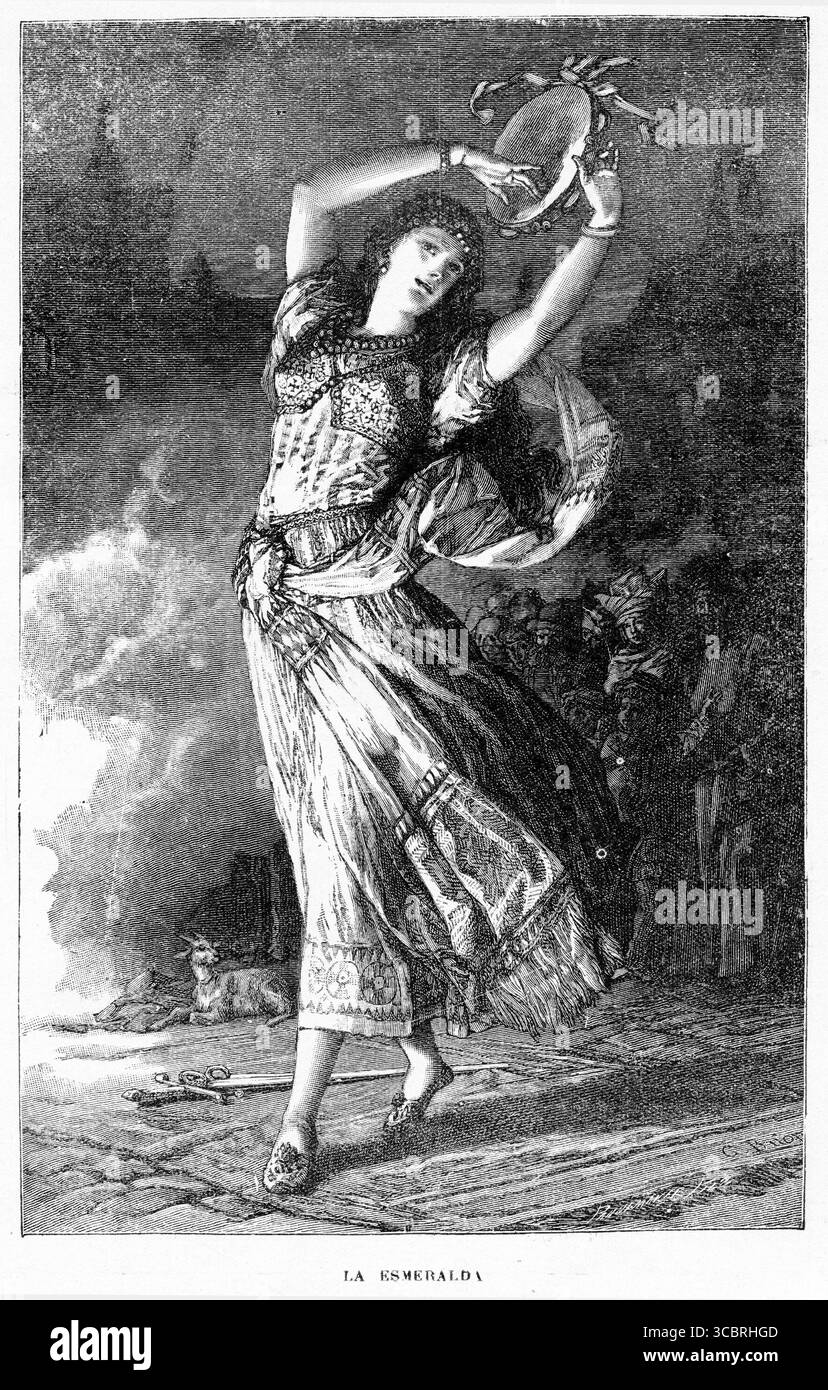 Illustrazione di Esmeralda la ballerina di una prima edizione francese del libro di Victor Hugo il gobbo di Notre Dame, Foto Stock