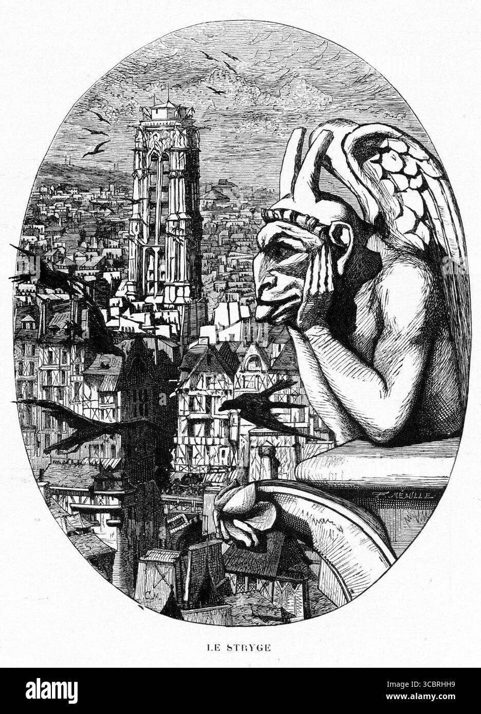 Illustrazione di Gargoyle affacciato su Parigi, da una prima edizione francese del libro di Victor Hugo il gobbo di Notre Dame, Foto Stock