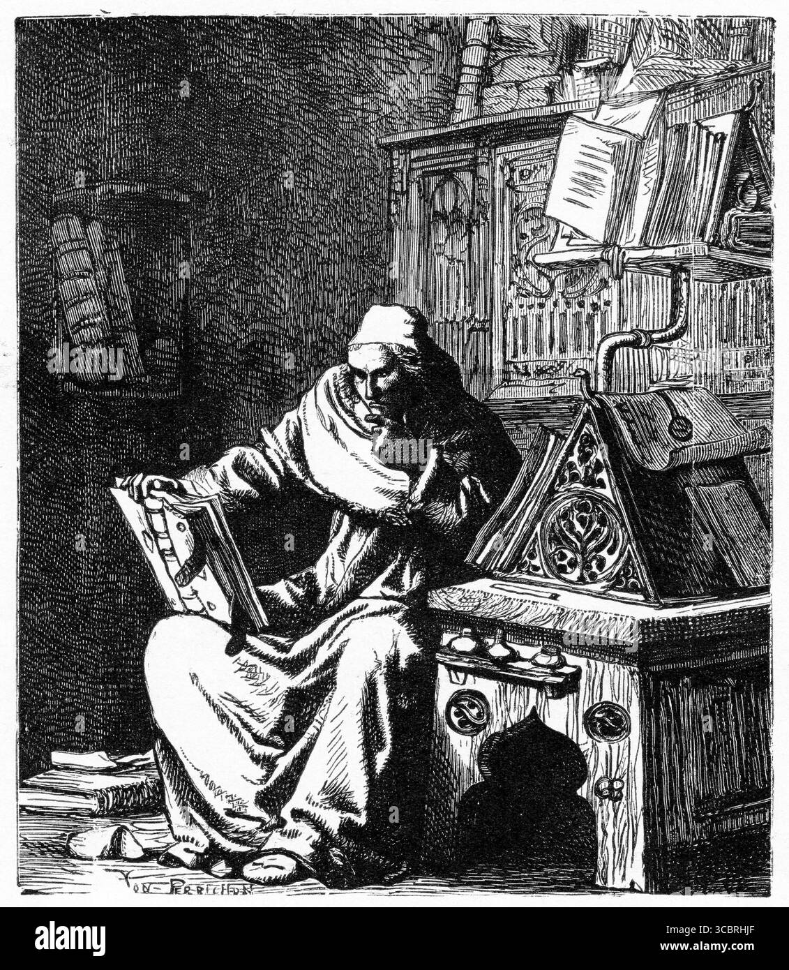 Illustrazione di uno scriba impegnato al lavoro, tratto da una prima edizione francese del libro di Victor Hugo il gobbo di Notre Dame, Foto Stock