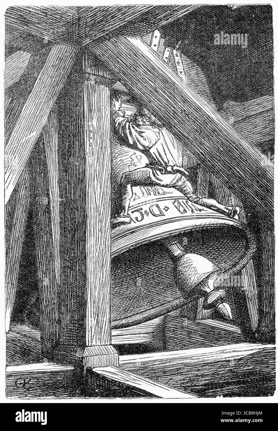 Illustrazione di Quasimodo e delle sue campane da una prima edizione francese del libro di Victor Hugo il gobbo di Notre Dame, Foto Stock