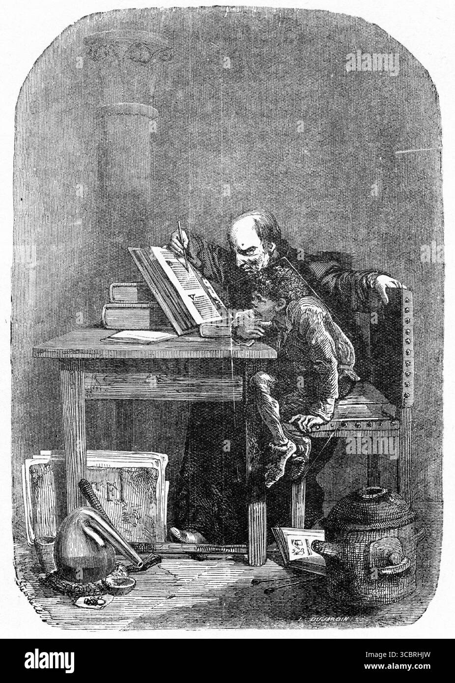 Illustrazione di una prima edizione francese del libro di Victor Hugo il gobbo di Notre Dame, che mostra Quasimodo che impara a leggere Foto Stock