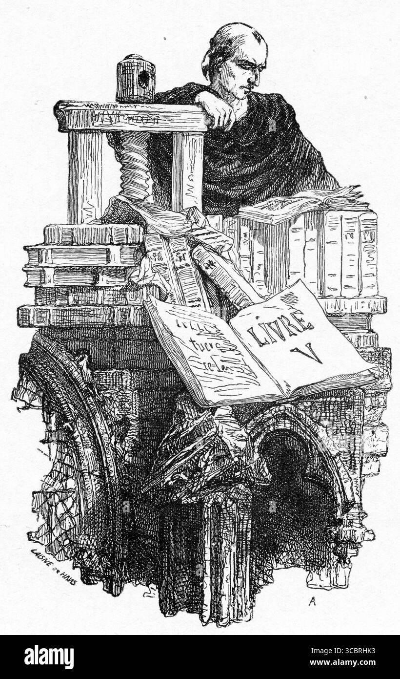 Illustrazione di uno scriba impegnato al lavoro, tratto da una prima edizione francese del libro di Victor Hugo il gobbo di Notre Dame, Foto Stock