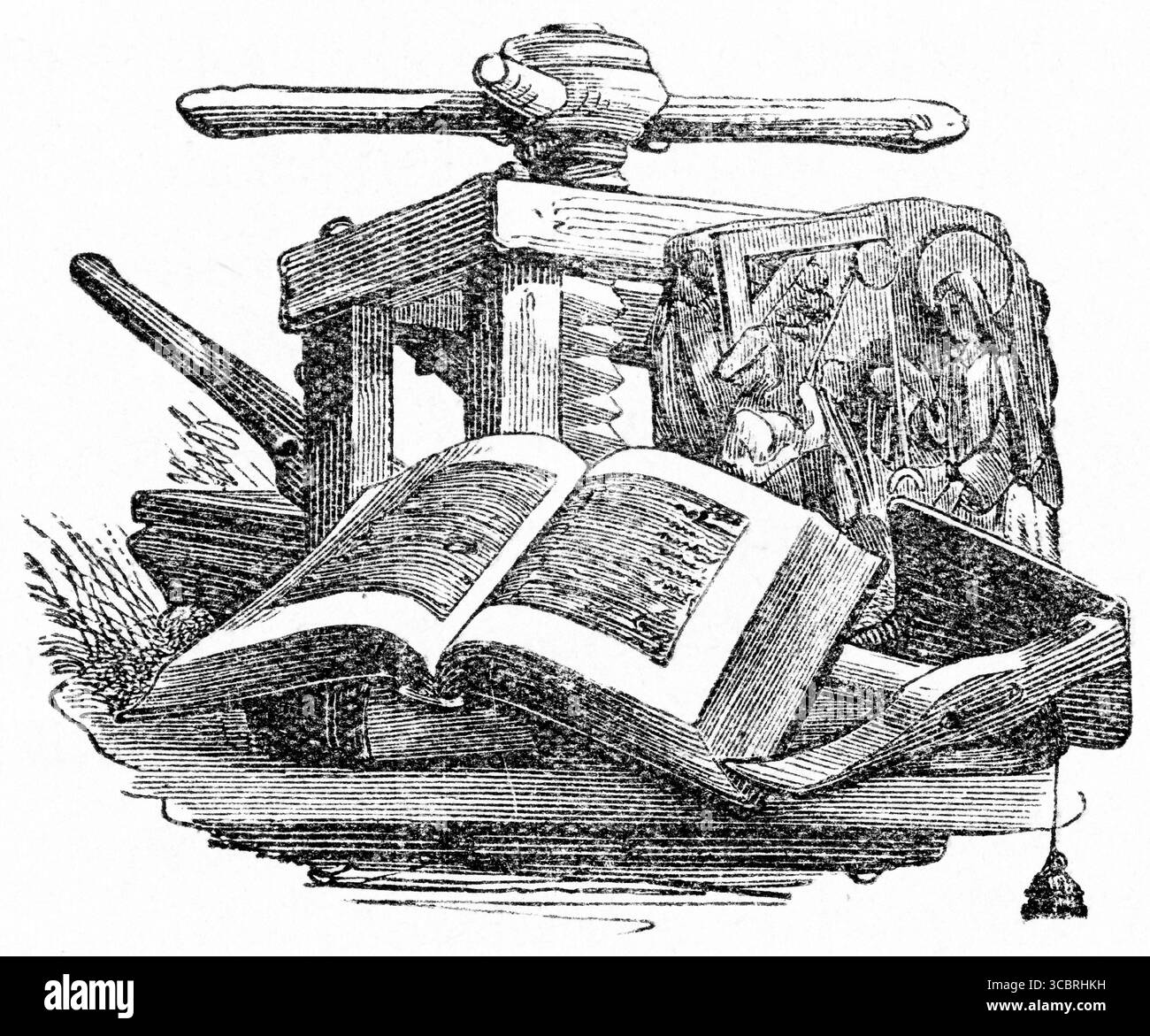 A Book press and tools, illustrazione di una prima edizione francese del libro di Victor Hugo il gobbo di Notre Dame, Foto Stock