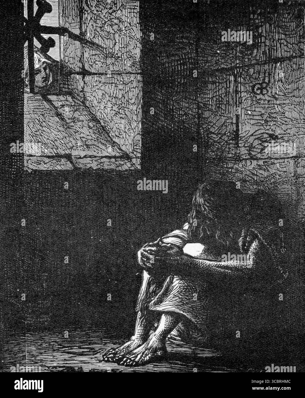 Illustrazione di una donna disperata rinchiusa in una cella carceraria, da una prima edizione francese del libro di Victor Hugo il gobbo di Notre Dame, Foto Stock