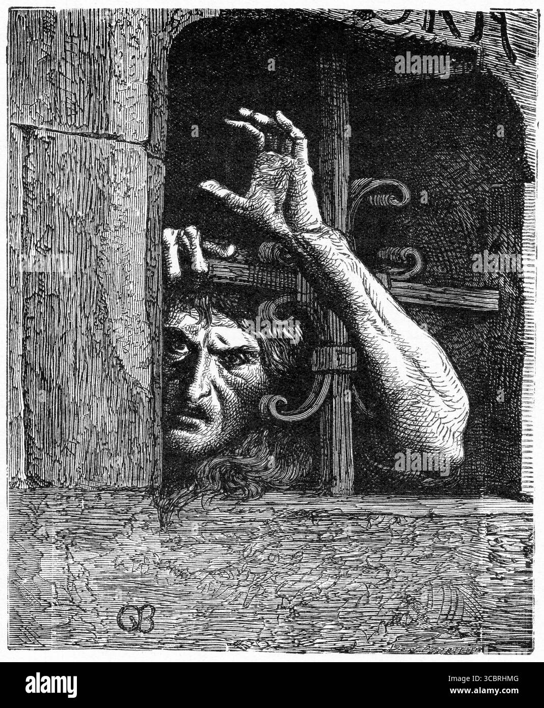 Illustrazione di un uomo disperato rinchiuso in una cella carceraria, tratto da una prima edizione francese del libro di Victor Hugo il gobbo di Notre Dame, Foto Stock