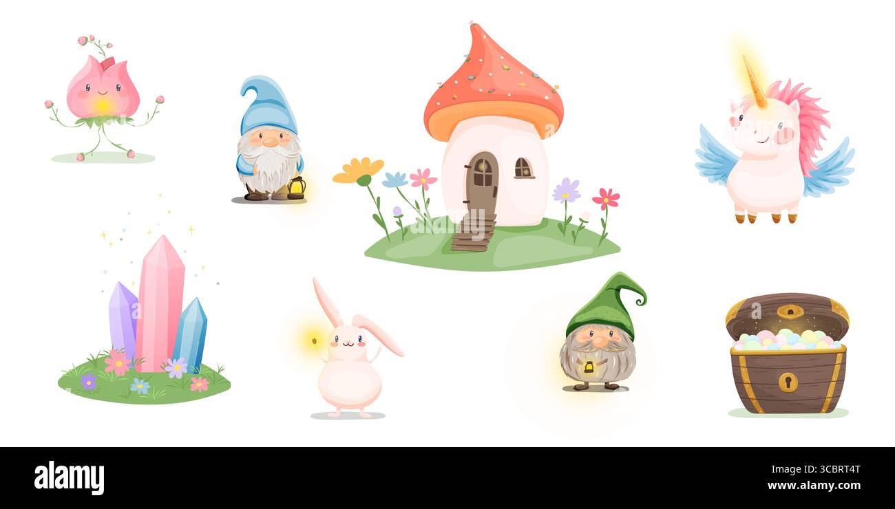 Set di cartoni animati della foresta magica con gnomi, unicorno, cristalli e funghi Illustrazione Vettoriale