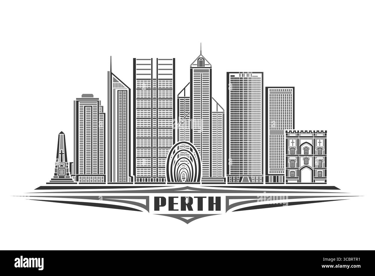 Illustrazione vettoriale di Perth, carta orizzontale monocromatica con design lineare famoso paesaggio urbano di perth, moderno concetto di arte in linea urbana con Let decorativo Illustrazione Vettoriale