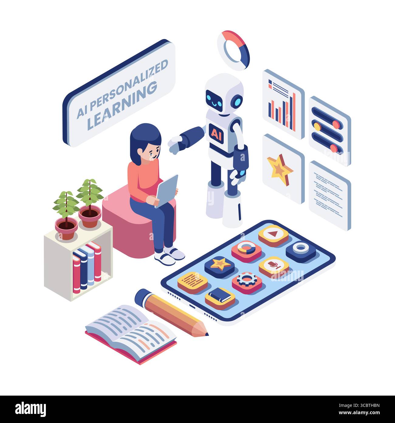 Robot isometrico che assiste i bambini con l'apprendimento personalizzato potenziato dall'intelligenza artificiale. Apprendimento personalizzato potenziato DALL'INTELLIGENZA ARTIFICIALE per Kid Concept Illustrazione Vettoriale