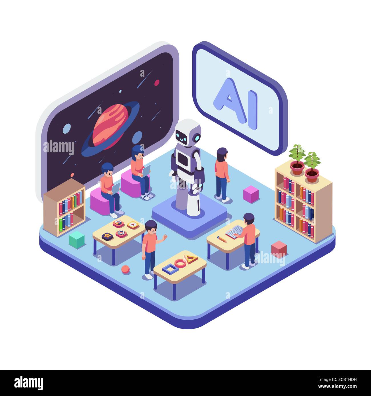 Ambiente di apprendimento ai isometrico con robot e studenti. Intelligenza artificiale per bambini Illustrazione Vettoriale