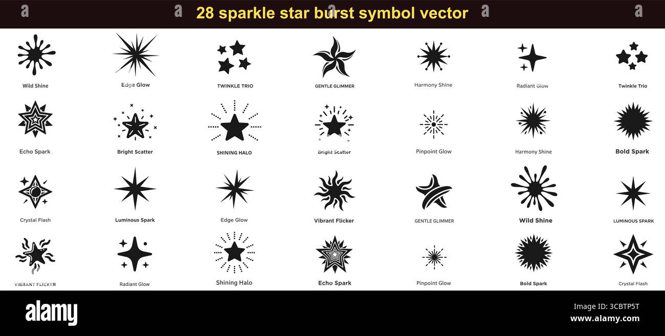 Esclusivo set di stelle scintillanti e raffiche radianti, scintille luminose, Trio Twinkle, alone luminoso, vettore vibrante Flicker Illustrazione Vettoriale
