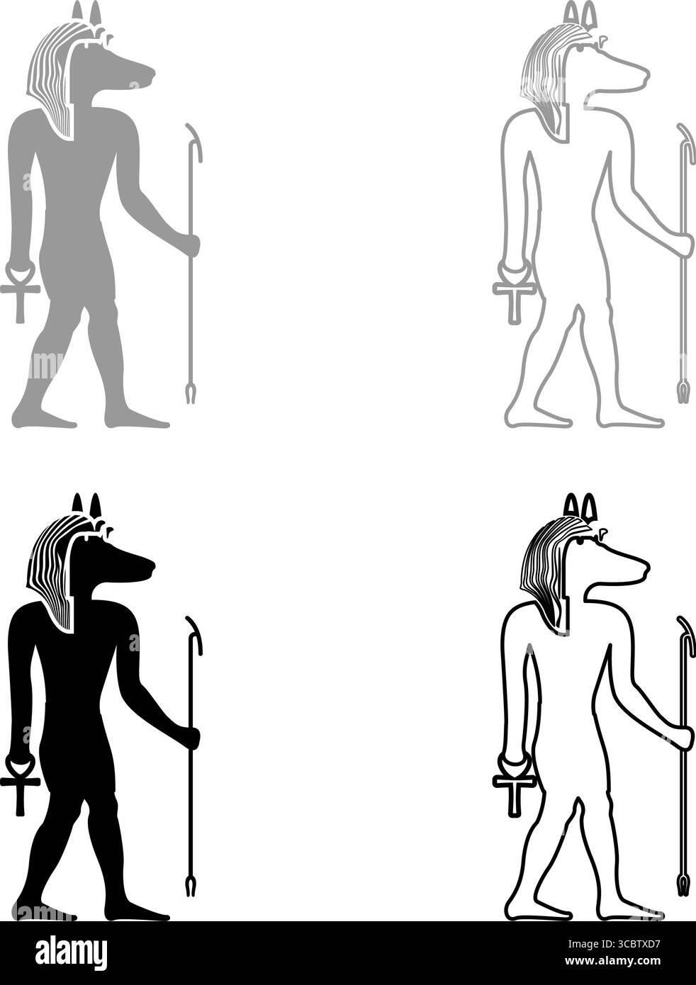 Divinità Anubi con testa di sciacallo, antico dio egiziano, regge il bastone e una silhouette a croce con un'icona di set mitico grigio, immagine vettoriale di colore nero Illustrazione Vettoriale
